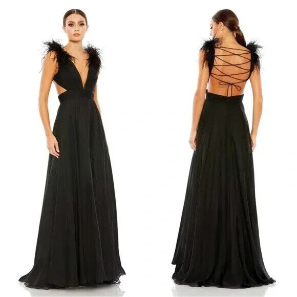 NWT MAC DUGGAL‎ PLUNGE OSTRICH FEATHER A-LINE CUT OUT GOWN BLACK SZ 0 - Picture 1 of 5